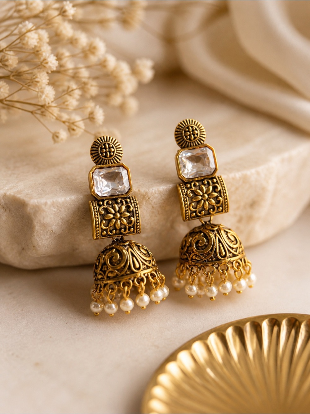Gold Filigree Jhumka Earrings with Clear Stone and Pearls